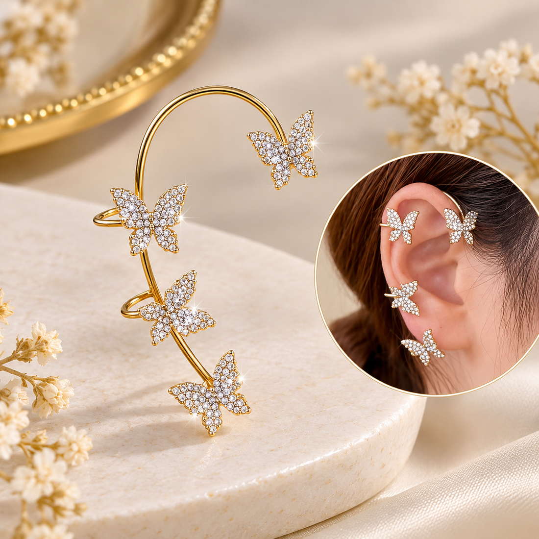 Korean Style Butterfly Ear Cuff Earrings for Women & Girls | Gold & Silver Alloy Non-Piercing Ear Cuffs | Trendy Ear Climber Earrings for Party, Wedding & Everyday Wear